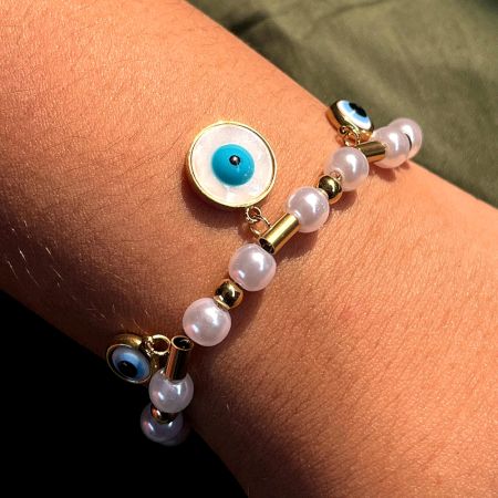 18K Gold Plated Pearl Protection Charm Bracelet